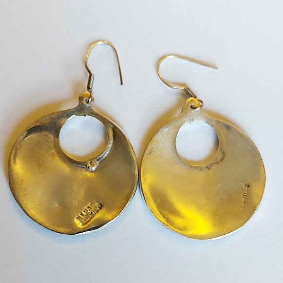 Mother of Pearl and Abalone Earrings, Alpaca Mexico, Starburst Dangle - Picture 3 of 5